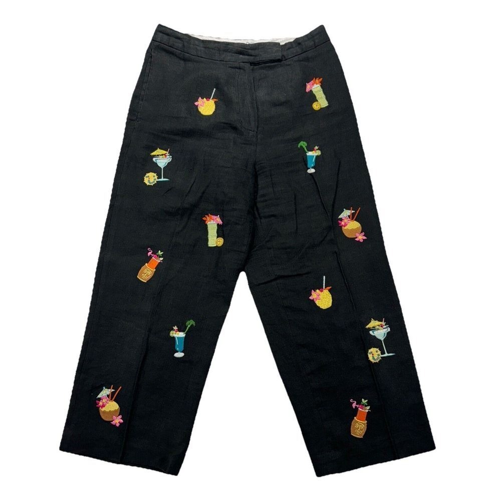Lily Stanhope 100% Linen Pants‎ Womens 8P Embroidered Cocktails Whimsical 29x22